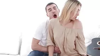 Young blonde play guitar before vigorous cock insertion
