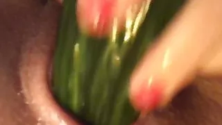 Cucumber sliding between my puffy wet pussylips