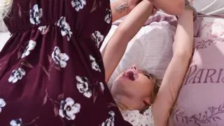 Big breasted stepmother cuffs and tongue fucks young babe