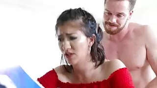 Naughty teen plays arcades while getting nailed from behind