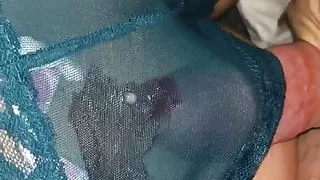 Wife strokes my hairy dick, I cum in her lace panties