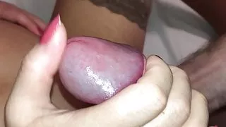 hot pregnant girlfriend  in stayups giving handjob and gets fingered