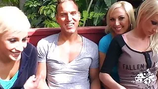 Naughty blonde trio riding group cock in garden