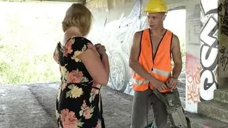Fat granny gives head and titjob to  construction worker