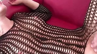 Pretty blond girl in body stocking fucked by another man