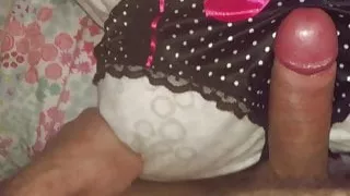 Rubbing my cock on her black satin panties