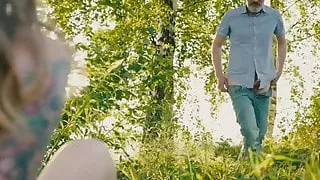 Young babe swallows and riding older big cock outdoors