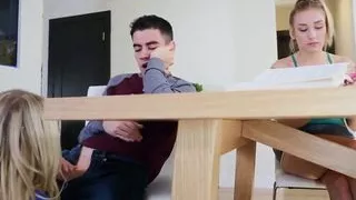 mom blows step daughters boyfriend  while studying