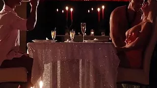 Busty blonde bombshell slowly and passionately fucks two men