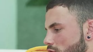 Costumed Jeffrey Lloyd tugging hairy cock and cumshot