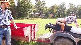 Inked farmhand threeway fucked after eating pussy