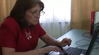 Old redhead office granny swallows two cocks at once