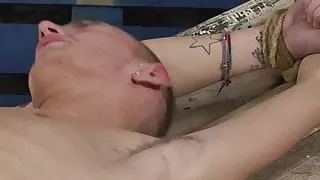 Skinny young Reece Bentley restrained for blowjob BDSM