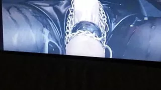 Rubber huge cock shoots cum load