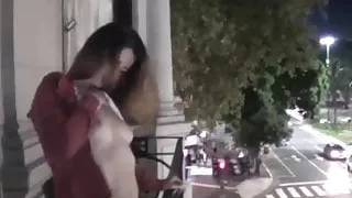 Girl pisses on a balcony. Nice fart too.