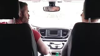 Muscular daddy bare fucking stepson in the back seat