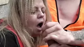 Mature vixen deepthroats dick and tastes cum outdoors