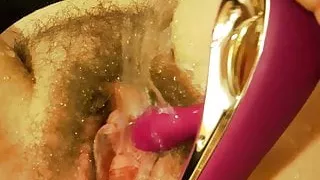Squirting horny housewife by orgasmen in pussy and anal
