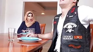 Arab step mom rides cock while stepdaughter licks balls