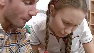 Sweet schoolgirl takes her boyfriend's cock in every hole