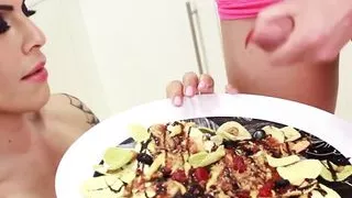 Beautiful Asian ladyboy jerking off to jizz on a food plate