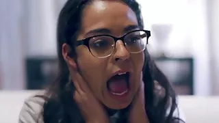 Nerdy college babe dicked and jizzed on in threesome