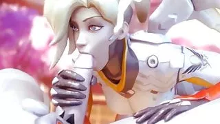 Hot Mercy from Overwatch gets to suck on big dick nicely
