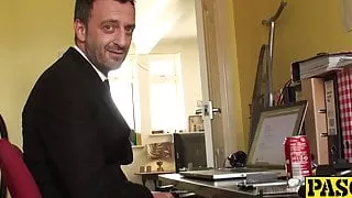 Hardcore fuck session with sub in white fishnet stockings