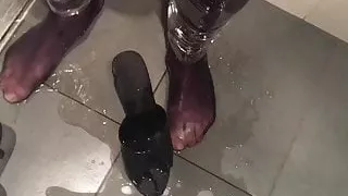Pissing in PVC Leggings, Pantyhose and High Heel Mules
