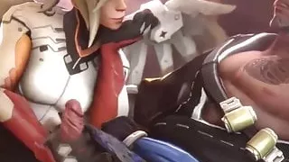 Mercy gives handjob and gets doggystyle sex