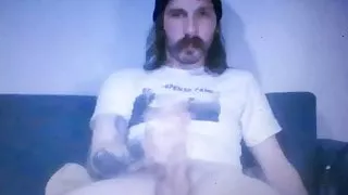 Longhaired moustached tattooed straight guy jerking long dic