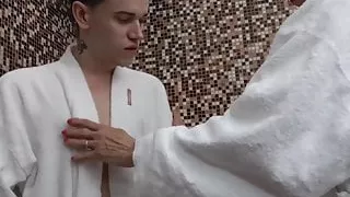 Slutty granny seduces innocent young man into shower sex