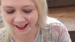 Curvy blonde Jodie Cummings filmed sucking nerd cock POV