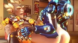 Horny brunette Tracer fucked by lots of big dicks