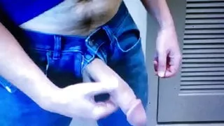 Huge hung in jeans shows off his hard dick hanging out jeans