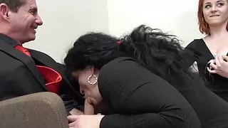 Busty redhead maid joins older couple blowjob before cumshot