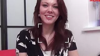 English redhead in hot pants pleasures nerd with fellatio