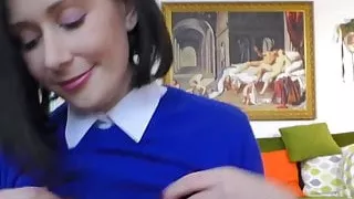 Natural babe in stockings sucks a dick and rides it in POV