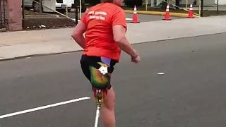 mature amputee with blade leg on