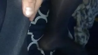 Playing around in two pairs of navy blue pantyhose