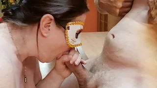 Chubby amateur wife sucking my dick in kitchen-  cum on tits