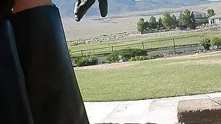Back and Front yard fetish walk in boots, harness, gloves