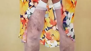 Cumming in white stockings and summer dress