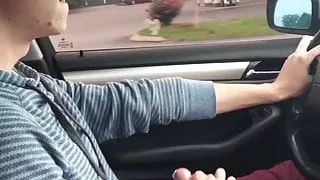 Cute twink cums while driving