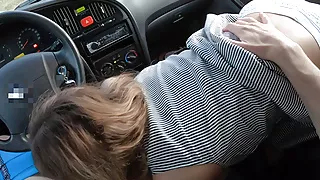 Cute teen couple outdoor fucking in car at sunset