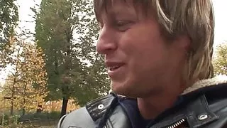 Skinny old prostitute takes his big cock from behind