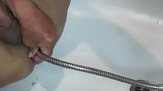Shower hose enema followed by piss