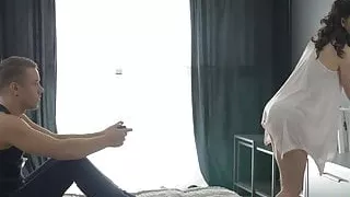 Euro babe gets cum and sucks cock