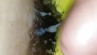 He's coming her hairy pussy