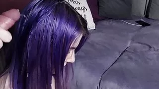 Cum in her purple hair.